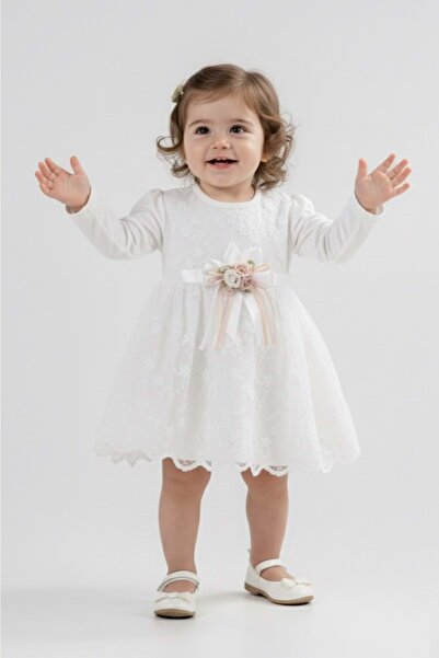 Mnk Baby&Kids Baby Girl Ribbon Floral Lace Dress M00768 Ecru