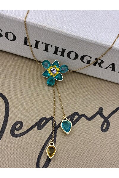 Hedef Bijuteri Steel Gold Turquoise Colored Zircon Stone Elevator Flower Model Y Necklace