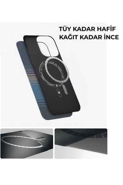 Boğazören iPhone 16 Pro Max Compatible Magsafe Carbon Kevlar Back Protection Premium Case (Blue Color)-Ultra Thin Series