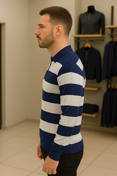 Maccali Чоловічий щоденний светр з довгими рукавами, синій трикотаж, смугастий
