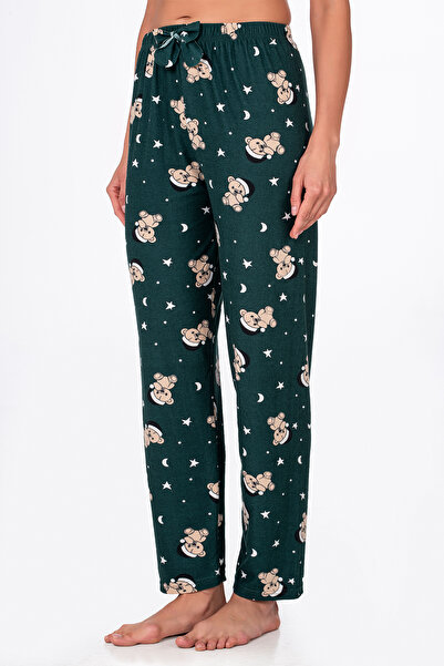 Kompedan Kadın Süet Ayıcık Desenli Pijama Tek Alt – Yeşil