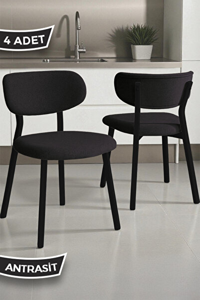 Canisa Toldy Serisi 4 Adet Antrasit Bukle Kumaş Mutfak Sandalyesi Siyah Metal...