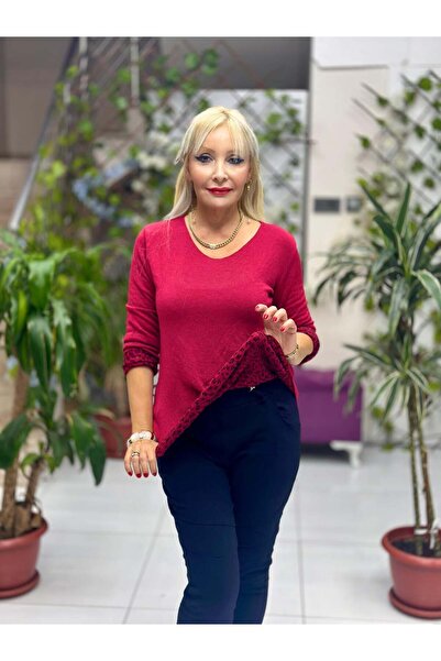 Punta Otantik Nc1202 Round Neck Knitwear with Leopard Inside Small Fit Blouse Burgundy