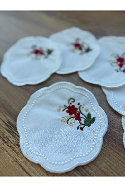 MODA Ekru Sunumluk Peçete, Kokteyl Peçetesi Kahve Yanı Nakışlı 6 Adet Kumaş Sunum Peçetesi