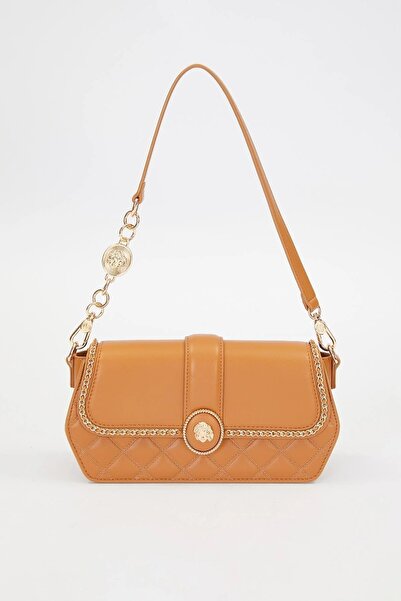 Levidor Women's Medium Size Molded Chain and Logo Detailed Stylish Shoulder Bag 930389 Tan