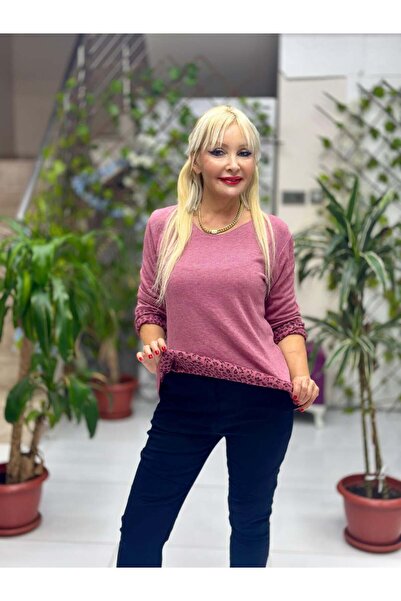 Punta Otantik Nc1202 Round Neck Knitwear with Leopard Inside Small Fit Blouse Dusty Rose