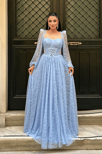 giyimmasalı Lace Fabric Balen Detailed Evening Dress - Baby Blue