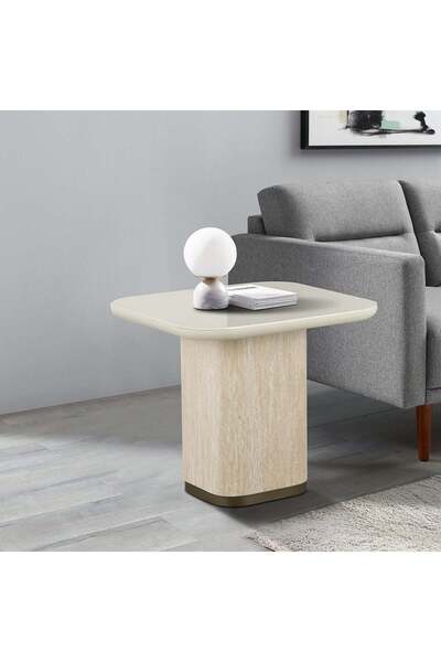 Danube Home Oru Tempered Glass End Table – Cream & Beige Modern Side Table fo...