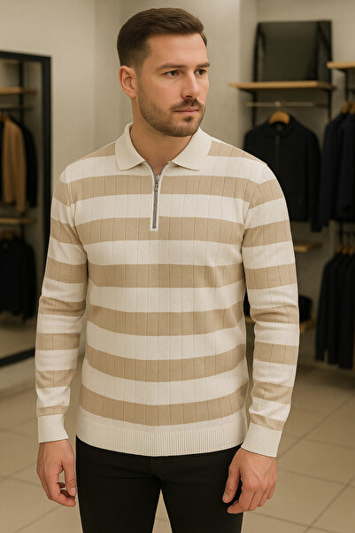 Maccali Men's Casual Long Sleeve Cream Knitwear Striped Sweater