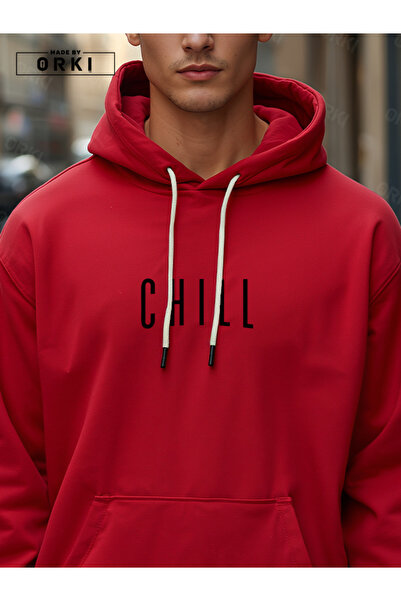 EFFRENATU Chill Printed Red Oversize Hoodie & Black Jogger Tracksuit Set