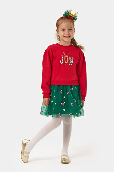 Le Mabelle Red Joy Printed Girls' Dress with Tulle Skirt - Fragile