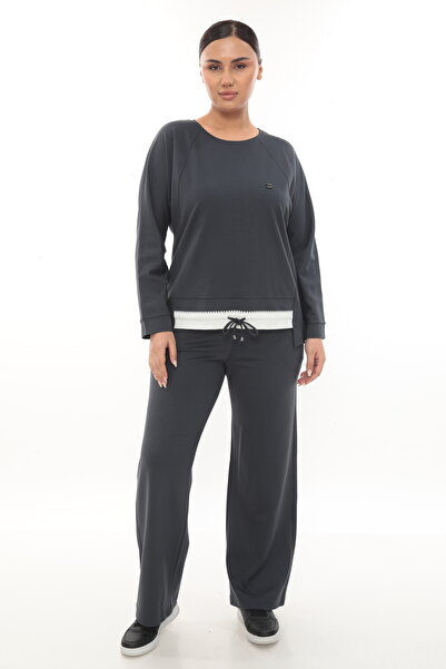 EXİTLİNE Women's Seasonal Custom Logo Anthracite Lace-Up Tracksuit Set with Rubber Accessories