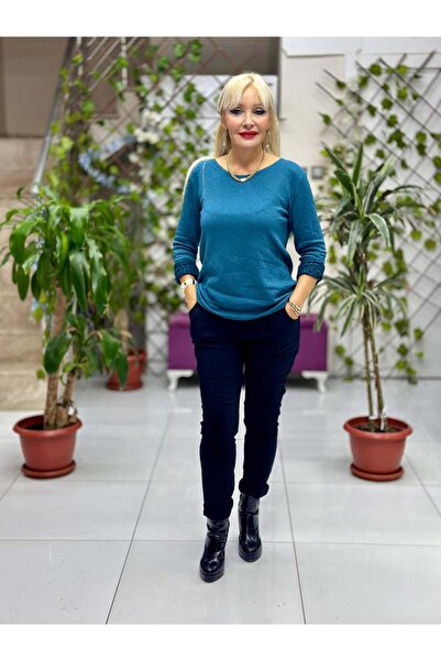 Punta Otantik Nc1202 Leopard Inside Round Neck Knitwear Small Size Blouse Petrol