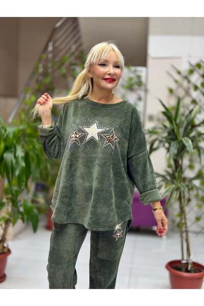 Punta Otantik Nc23081 Star Patterned Stone Italian Velvet Suit Green