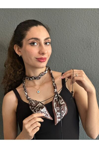 Gönülden Tasarım Satin Beaded Women's Neck Tie Scarf Accessory 110 cm Brown