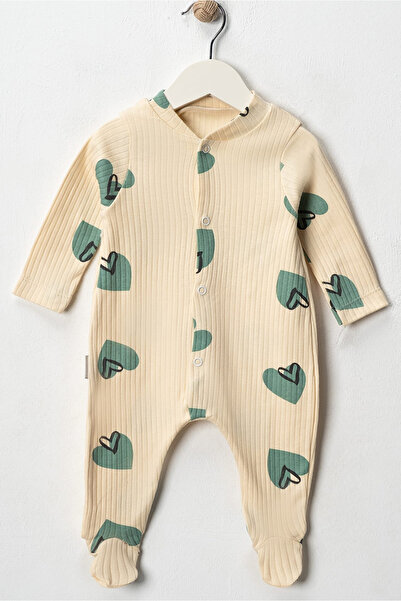 Noone Green Heart Patterned Baby Romper - Long Sleeve Footed Soft Combed Cotton Fabric