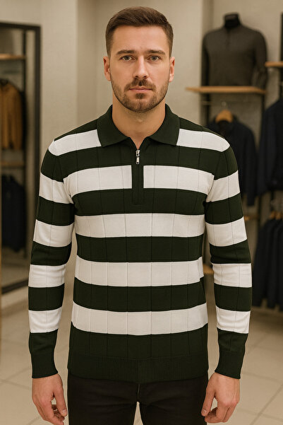 Maccali Men's Casual Long Sleeve Khaki Knitwear Striped Sweater