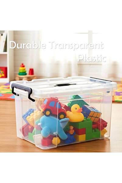 Houzi 16 L x 2 Storage Box with Lockable Lid Clean Plastic Organizer - Transparent Box Storing Toys.