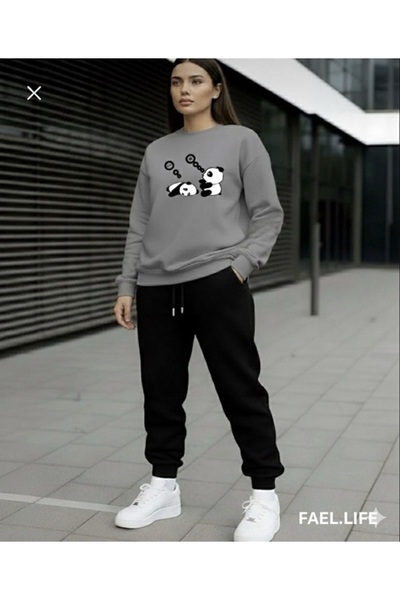 FAEL LİFE طقم رياضي من القطن بياقة دائرية وطباعة باندا كسول بقصة فضفاضة