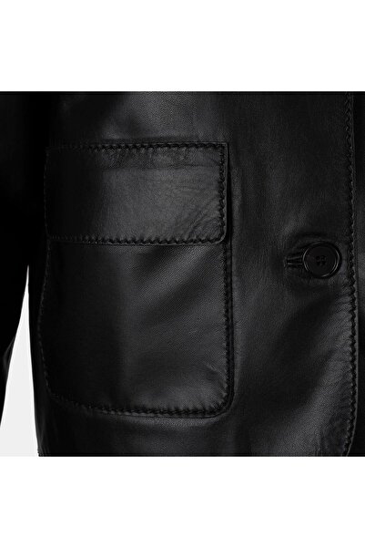 Desa Women's Black Shirt Collar Buttoned Short Leather Jacket