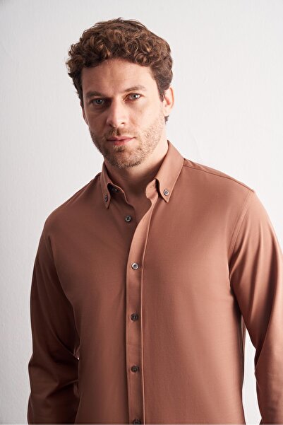 İmza Mink Buttoned Collar Knitted Long Sleeve Product Slim Fit Flexible Shirt 1004255270