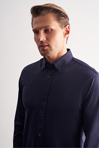 İmza Синя сорочка з ґудзиками на комірі, довгими рукавами, облягаючим кроєм та еластичною тканиною 1004255270