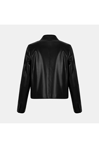 Desa Women's Black Shirt Collar Buttoned Short Leather Jacket
