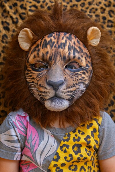 moysahsap party&ahşap Peluş saçlı Aslan Maskesi Arkası Lastikli