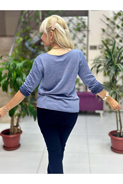 Punta Otantik Nc1202 Leopard Inside Round Neck Knitwear Small Fit Blouse Blue