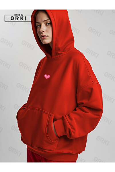 EFFRENATU Small Pixel Cute Heart Printed Women's Red Oversize Hooded Sweatshirt Hoodie