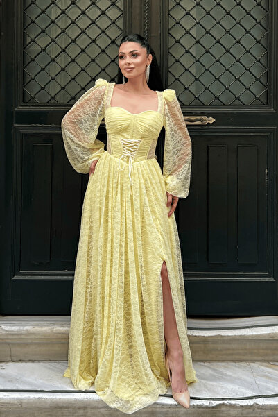 giyimmasalı Dantel Kumaş Balen Detaylı Abiye Elbise - SARI