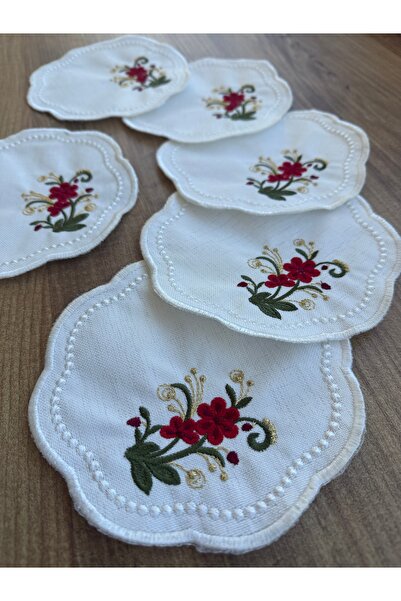 MODA Ekru Sunumluk Peçete, Kokteyl Peçetesi Kahve Yanı Nakışlı 6 Adet Kumaş Sunum Peçetesi