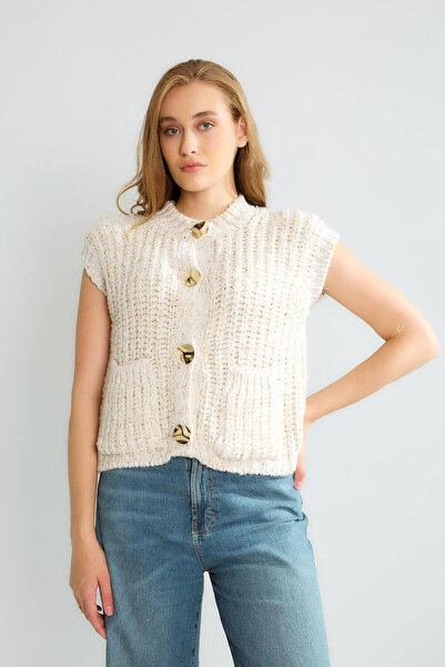 Robin T95037 Büyük Düğme Detaylı Simli Pullu Kadın Süveter