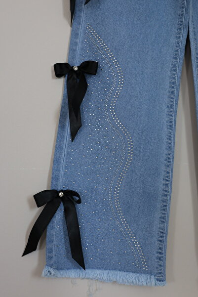 Malika Golden Kız Çocuk Kurdeleli Kot Pantolon