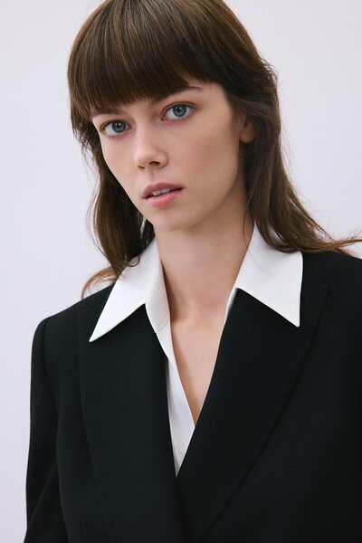 rue Double-Breasted Wool Textured Lined Black Jacket