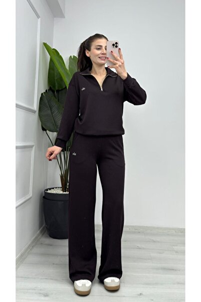 TUNAM BUTİK 1029 Half Zipper Modal Printed Two-Piece Set Bitter Brown