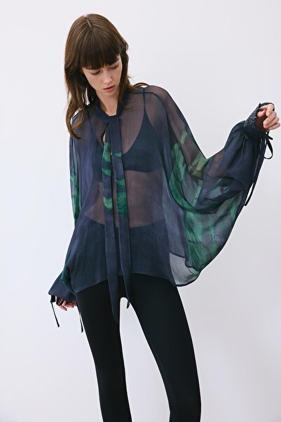 rue Lace-Up Chiffon Patterned Navy Blue Blouse