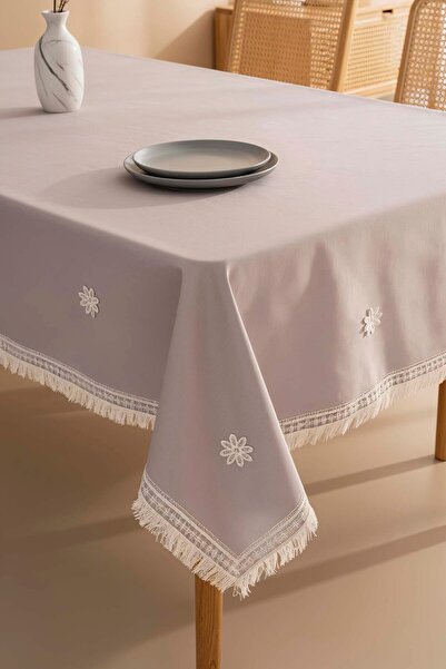 Rivaİstanbul Silvio Gray Guipure Floral Tablecloth 160X220 cm