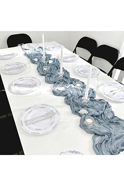 Laravel Dusty Blue Cheesecloth Table Runner, 10ft Boho Gauze Table Centerpiece Crumpled Runner