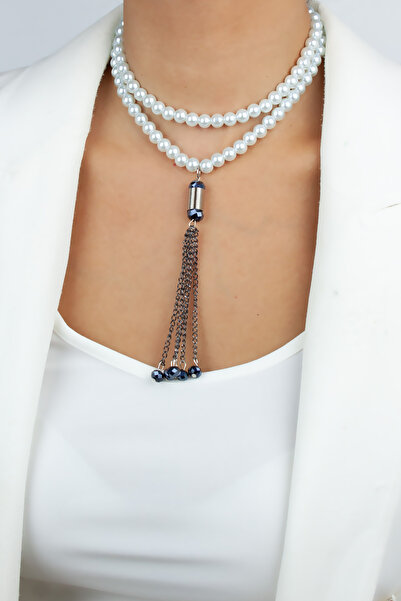 Liveyn Design Glass Pearl Metal Tassel Detail Necklace