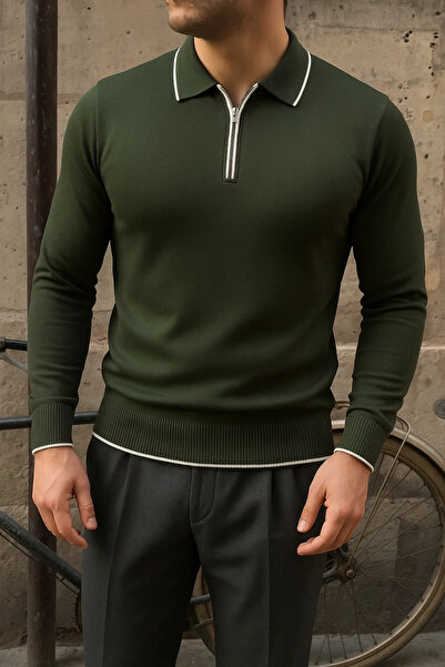 comstar Men's Casual Striped Trendy Khaki Polo Collar Sweater