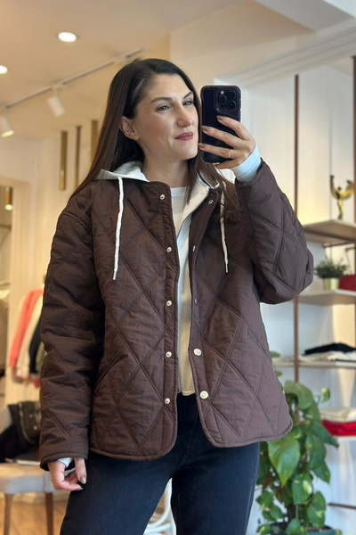 Unique Boutique Kahverengi Kapşonlu Kapitone İnce Mont