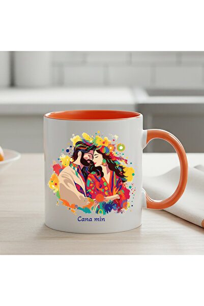 ZERYA Mem U Zin Designed Kurdish Cana Min Written Orange Colored Mug - Cana Min Mug