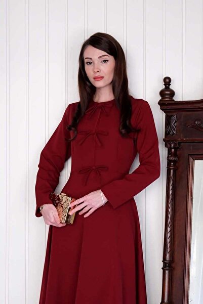 Ceylan Otantik Burgundy Bow Detail Crepe Dress