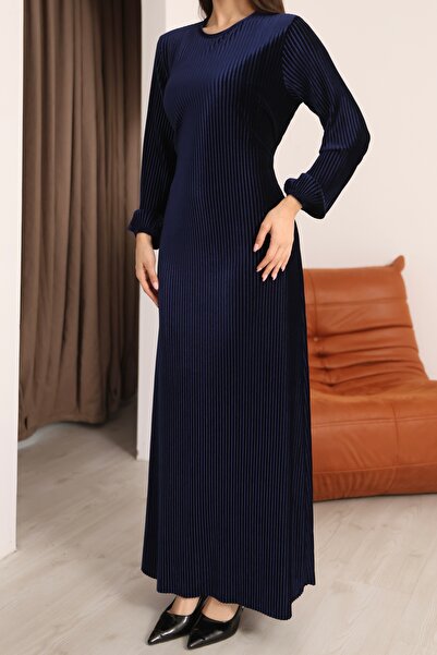 HFALCON Lacivert Multi Plise Bağcık Detaylı Rahat Elbise