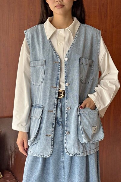 Ceylan Otantik Ice Blue Cargo Pocket Pack Denim Vest