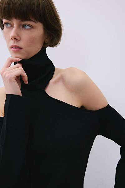 rue Off-The-Shoulder Turtleneck Black Knit Blouse