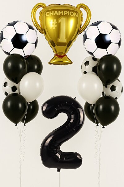 PARTİAVM 2 Year Old Black and White Football Themed Birthday Balloon Set Champion Football Player Concept