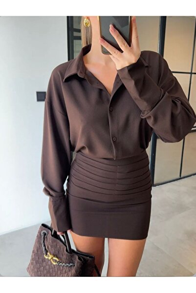 FMN Moda Drape Detail High Waist Thick Buckle Fabric Skirt Loose Fit Cuff Sleeve Shirt Blouse Two-Piece Set