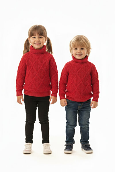 Pulltonic Kız/Erkek Çocuk Balıkçı Yaka Örgü Desenli Kazak | %30 Yün